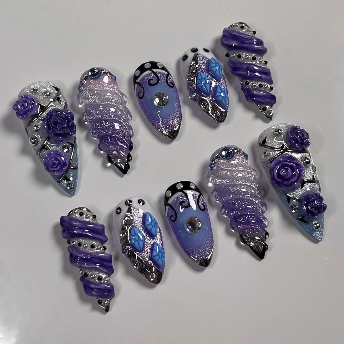 Handmade Purple Silver Glitter Rose Sculptural Fantasy Goth Press on Nails T47