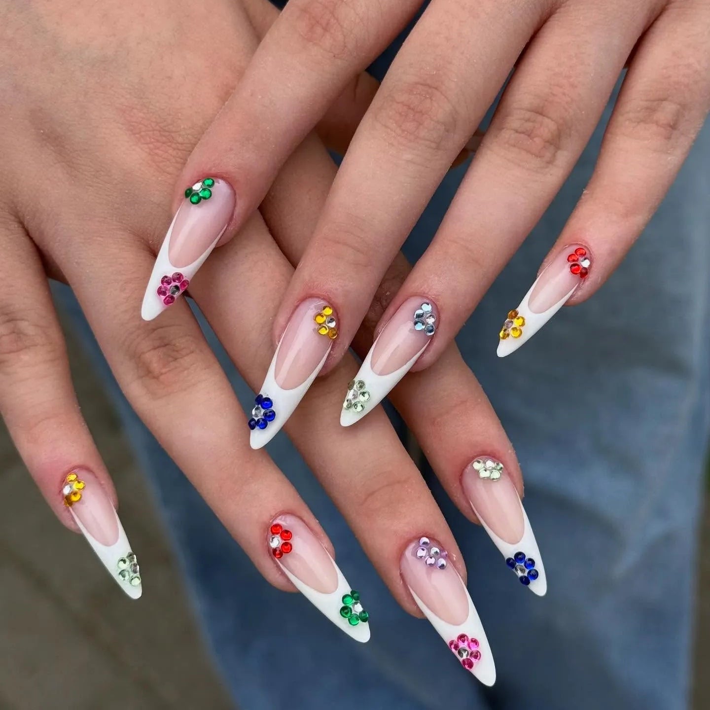 Handmade Rainbow Gem French Tip Clear Crystal Colorful Press on Nails D06