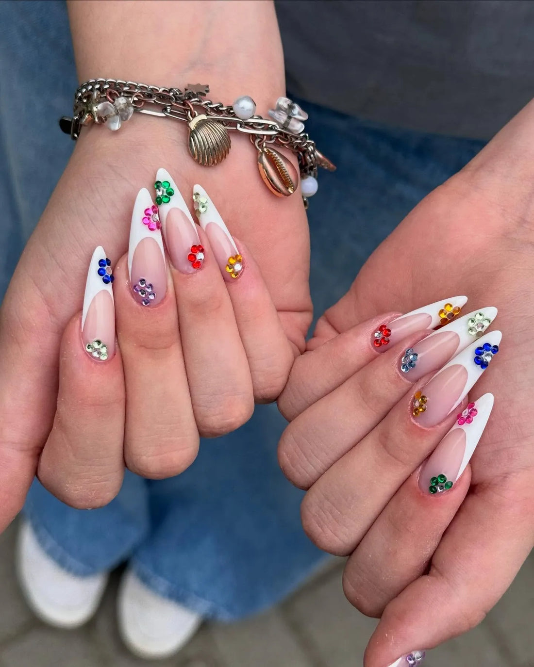 Handmade Rainbow Gem French Tip Clear Crystal Colorful Press on Nails D06
