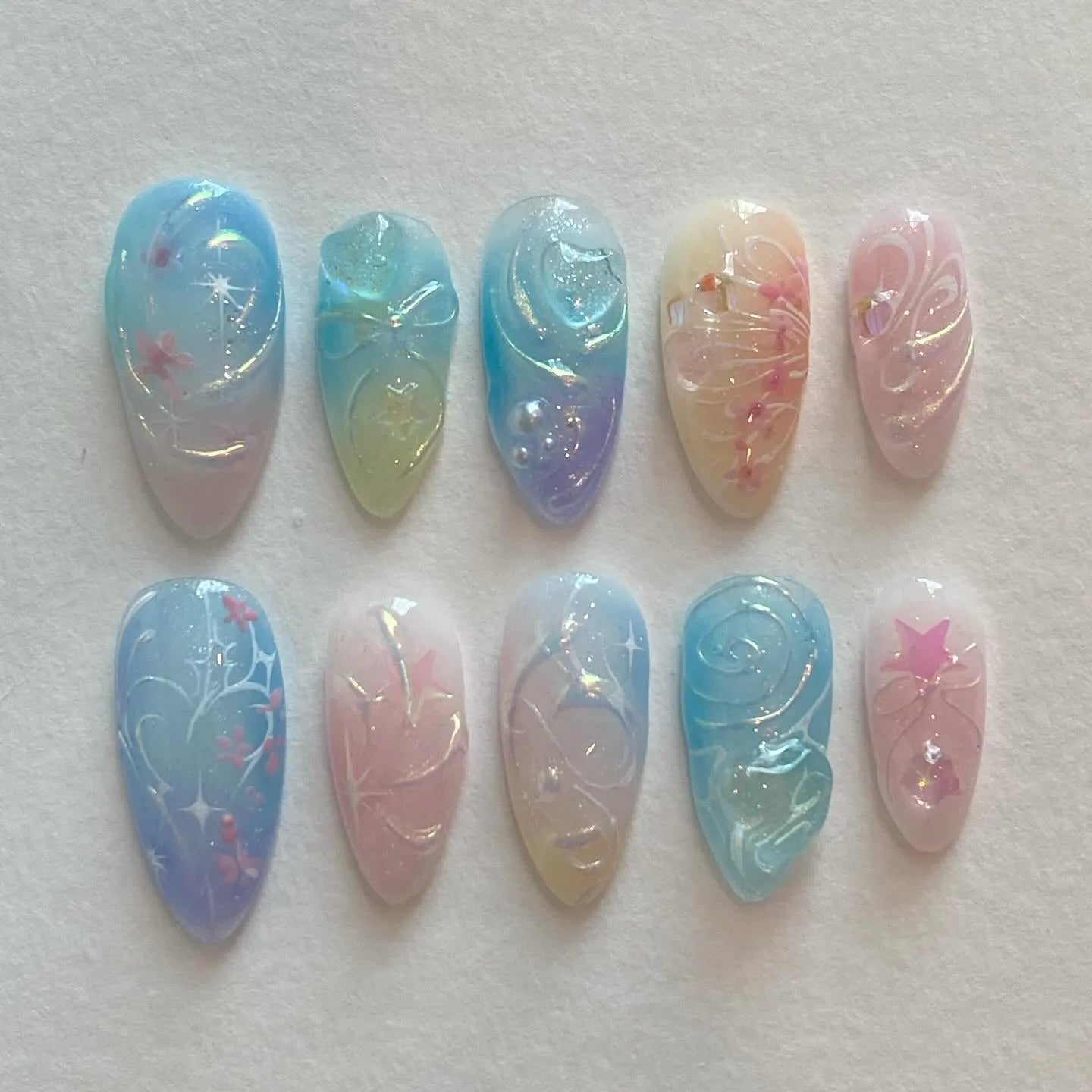Handmade Rainbow Gradient Swirl Celestial Pastel Press on Nails Z53