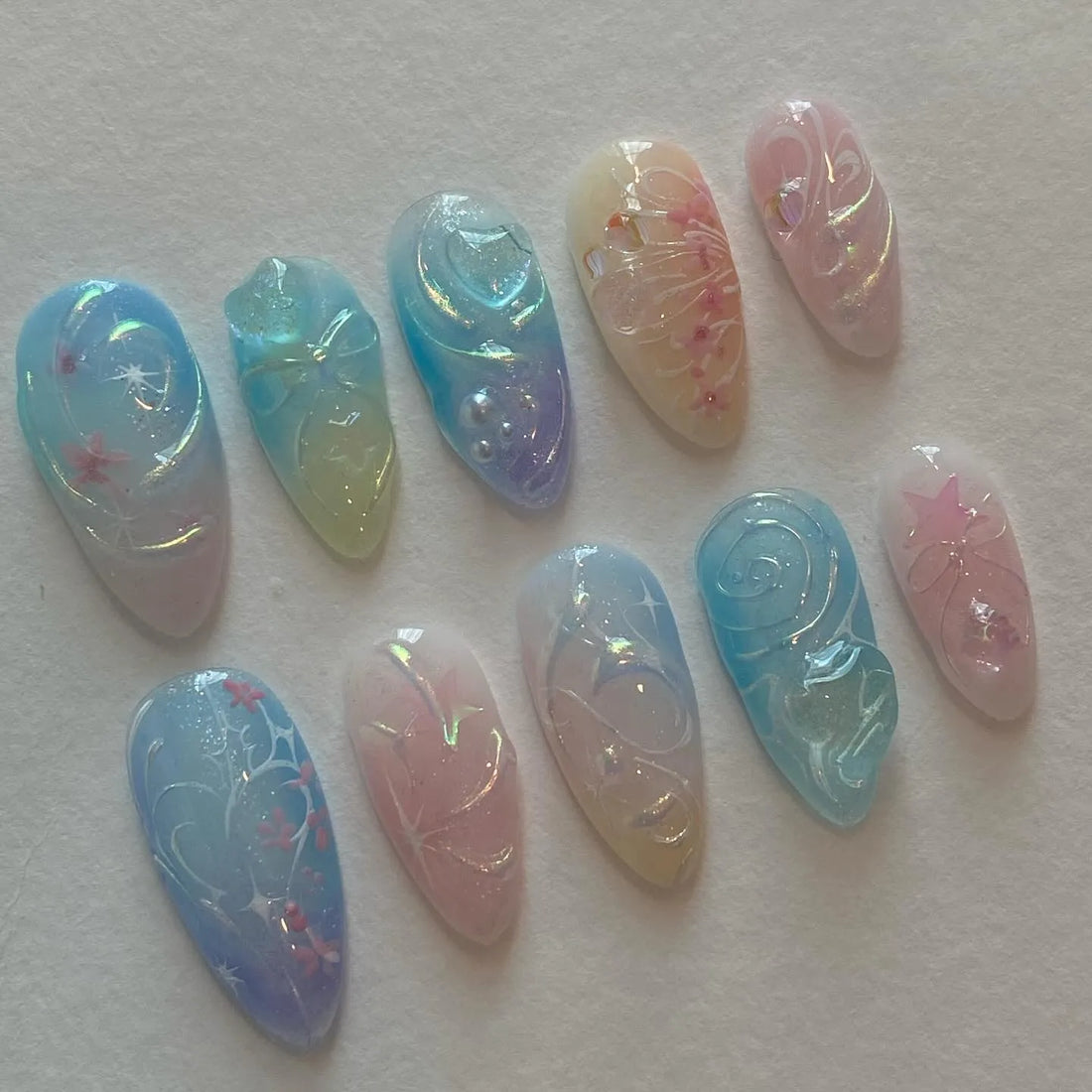 Handmade Rainbow Gradient Swirl Celestial Pastel Press on Nails Z53