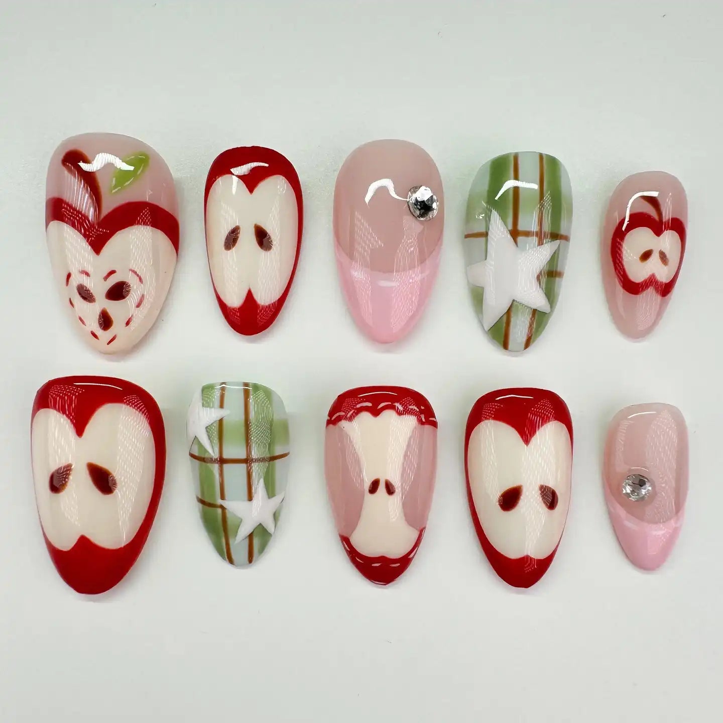 Handmade Red Apple Cute Fruit Plaid Green Press on Nails K65