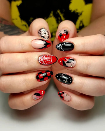 Handmade Red Black Buffalo Plaid Skull Bones Spiderweb Bat French Press on Nails QF0