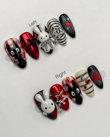 Handmade Red Black White Bunny Cat Plaid Star Press on Nails C19