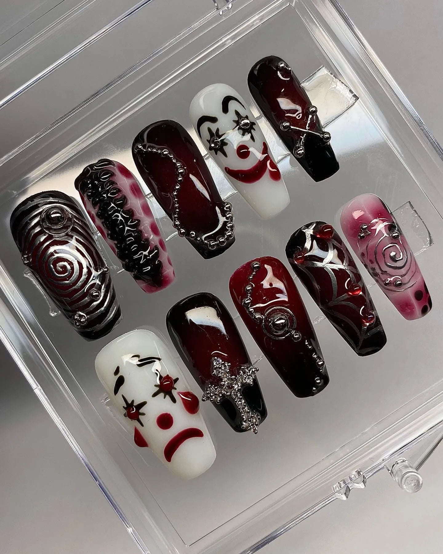 Handmade Red Black White Clown Goth Cyberpunk Halloween Press on Nails Y22