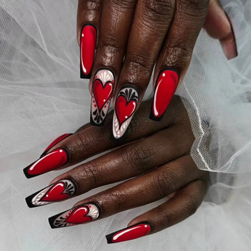 Handmade Red Comic Style Heart Gothic Black Outline Art Press on Nails E24