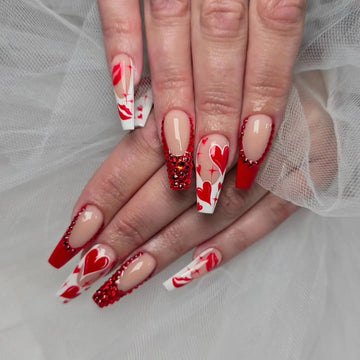 Handmade Red French Tip Valentine Heart Crystal Sparkle Press on Nails S61