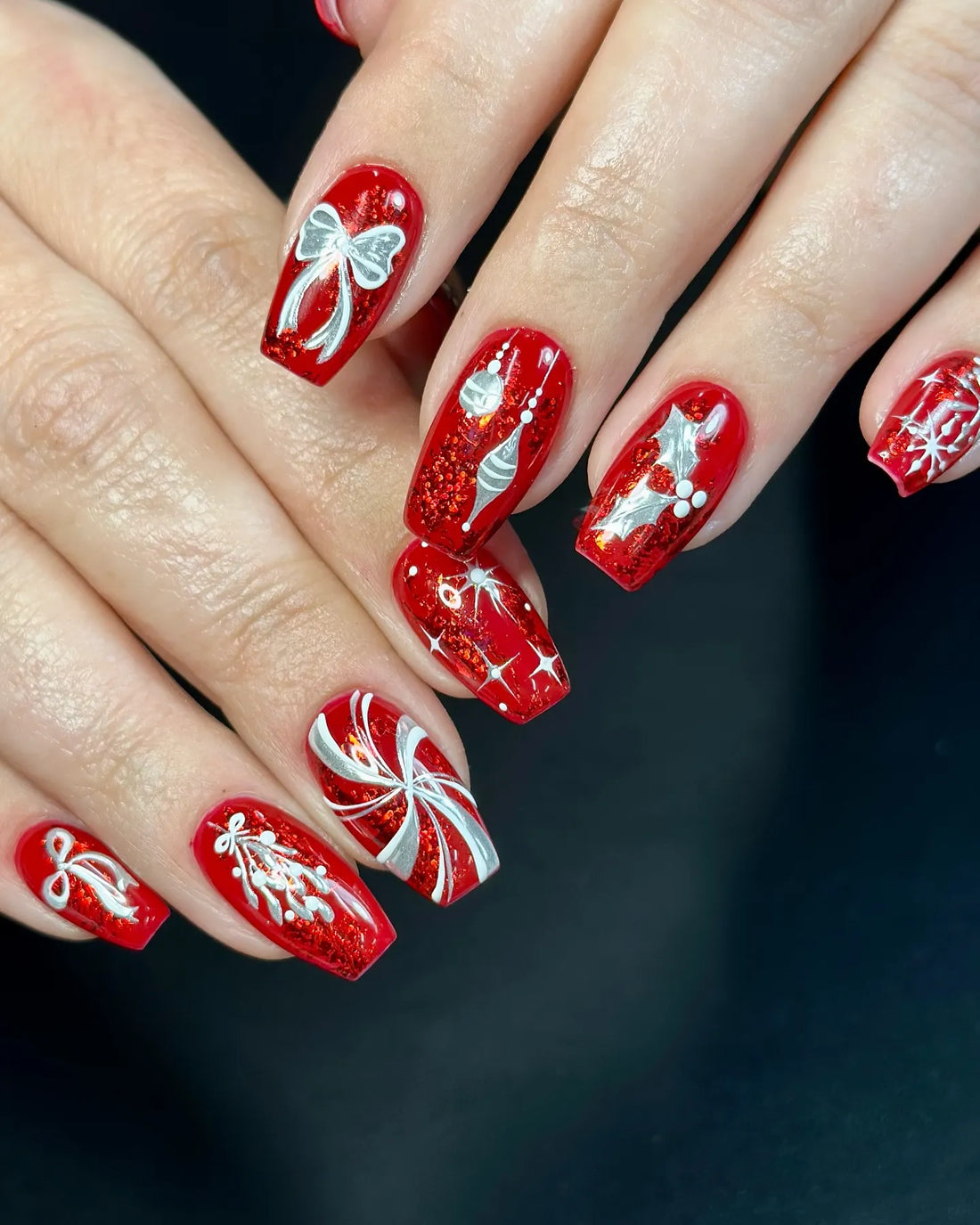 Handmade Red Glitter Silver Ornament Candy Cane Holiday Press on Nails A54