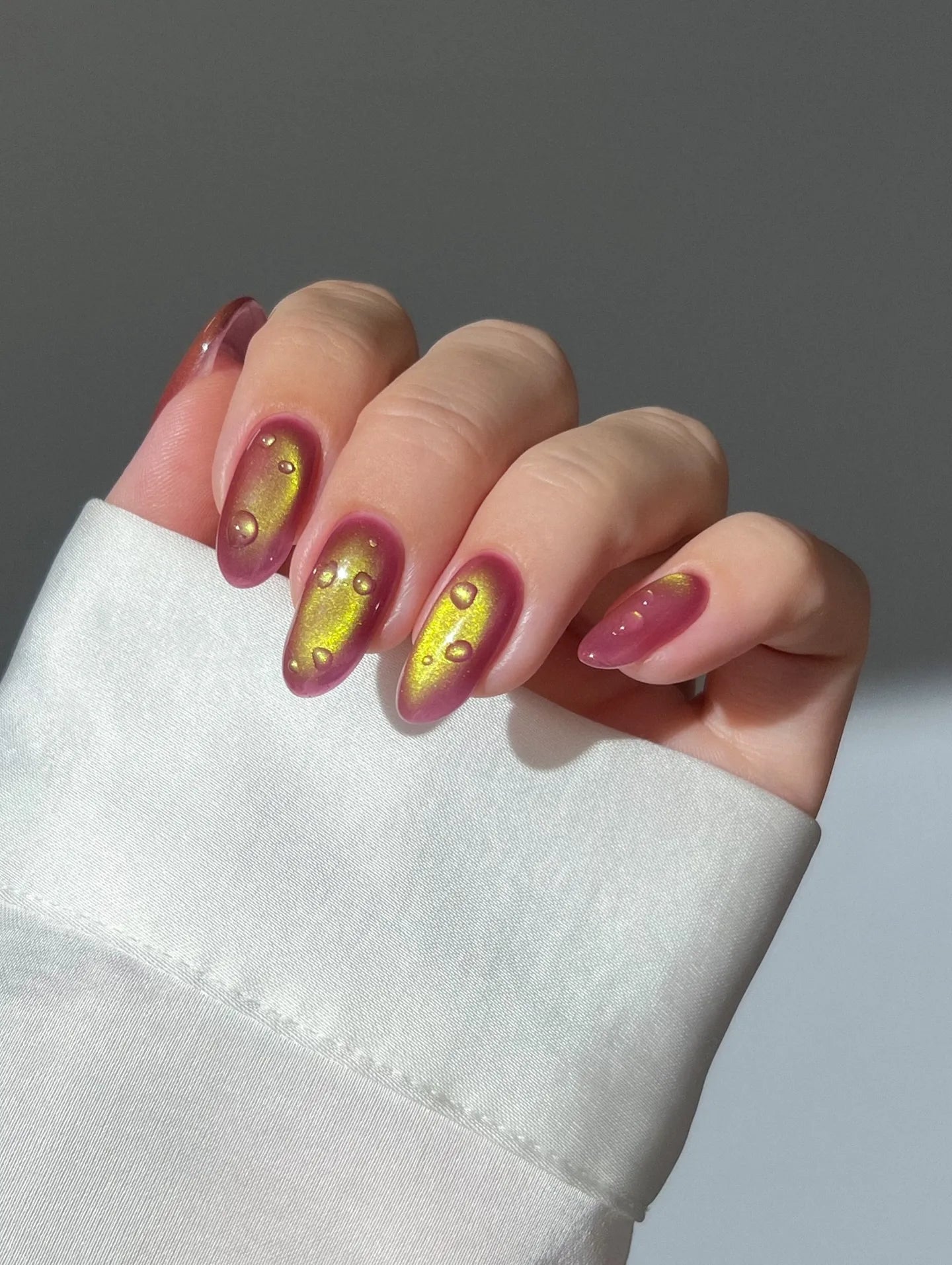 Handmade Red Gold Cat Eye Chrome Water Drop Galaxy Unique Press on Nails H73