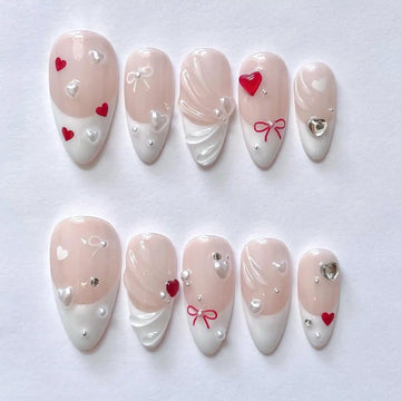 Handmade Red Heart Pearl Bow Romantic Valentine Press on Nails O24