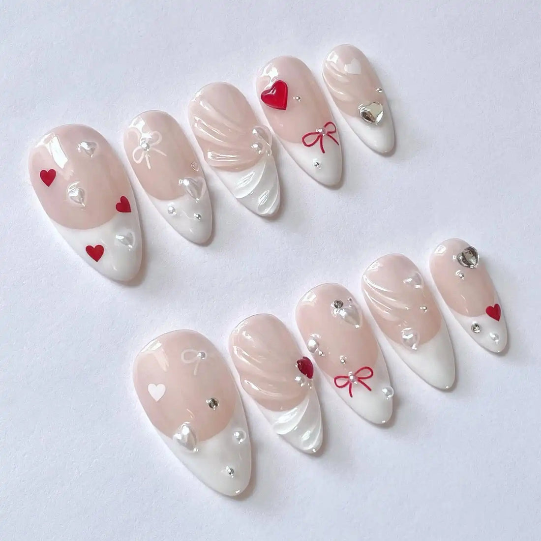 Handmade Red Heart Pearl Bow Romantic Valentine Press on Nails O24