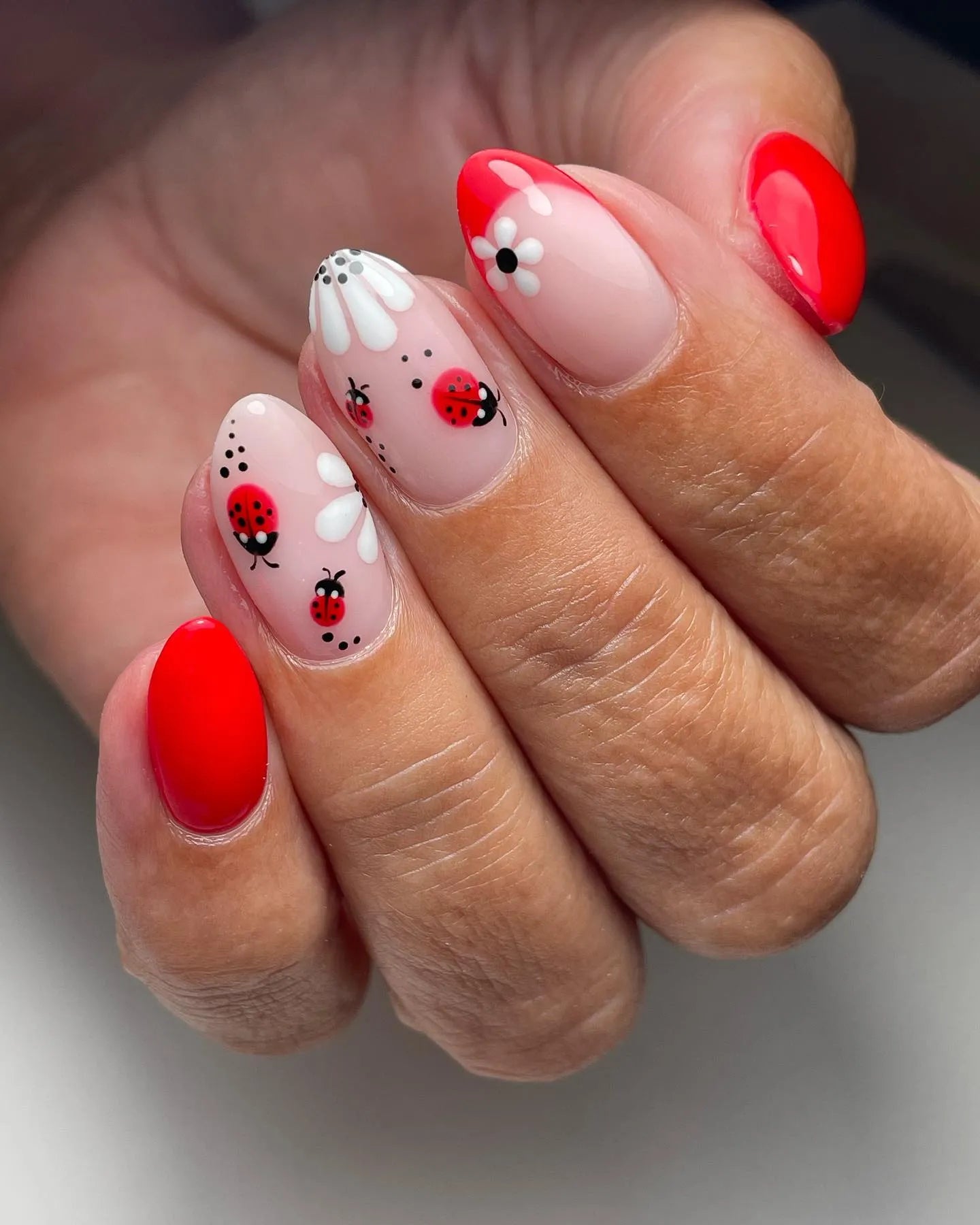 Hand with handmade press-on nails featuring red ladybugs, white flowers, and French tips.