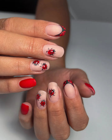 Handmade Red Ladybug Polka Dot French Tip Nature Artistic Press on Nails C77