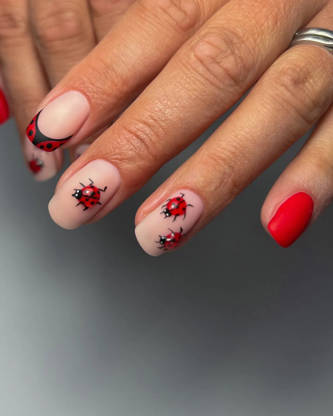 Handmade Red Ladybug Polka Dot French Tip Nature Artistic Press on Nails C77