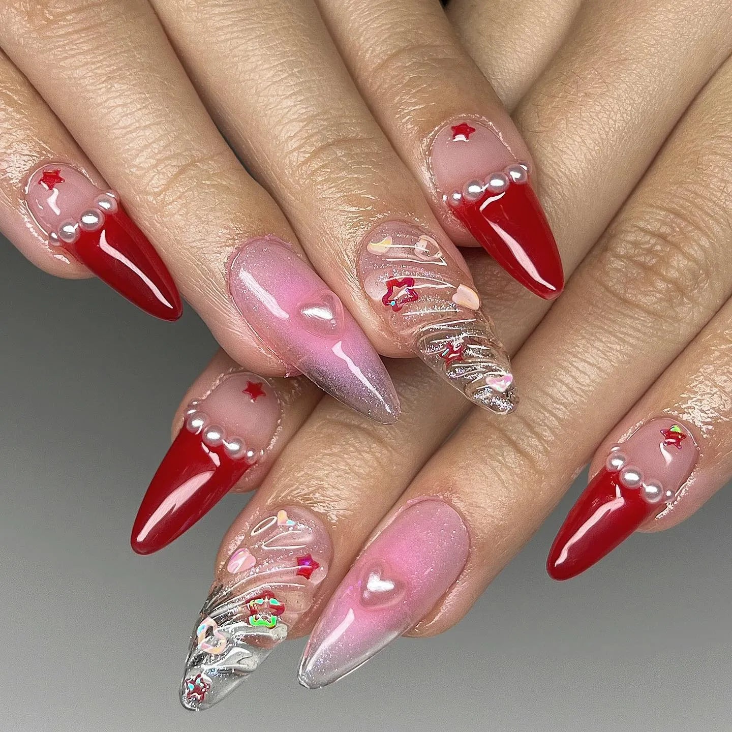 Handmade Red Love Heart Star Pearl Press on Nails X50