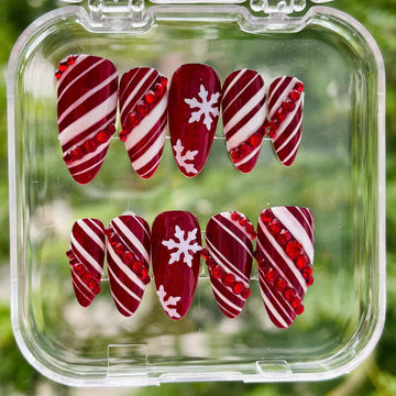 Handmade Red Merry Christmas Candy Cane Press on Nails