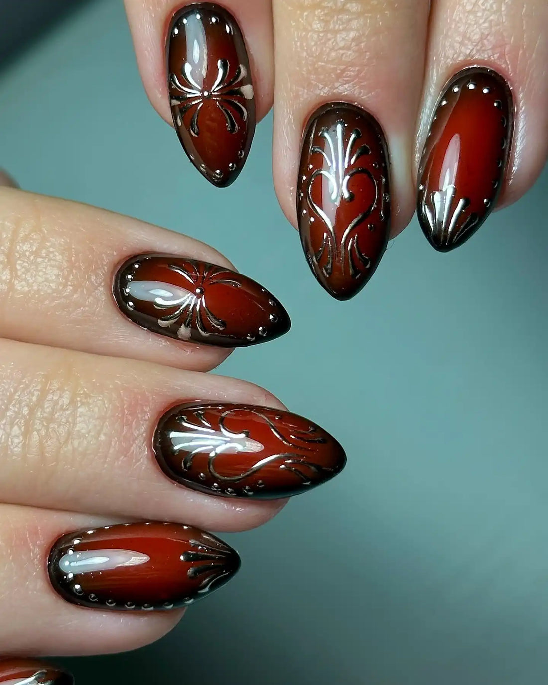 Handmade Red Ombre Gothic Elegant Silver Heart Press on Nails U26
