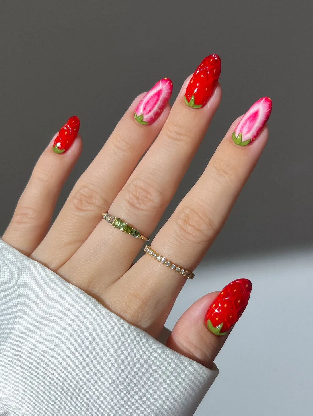 Handmade Red Pink Strawberry Fruit Cute Kawaii Summer Press on Nails T18