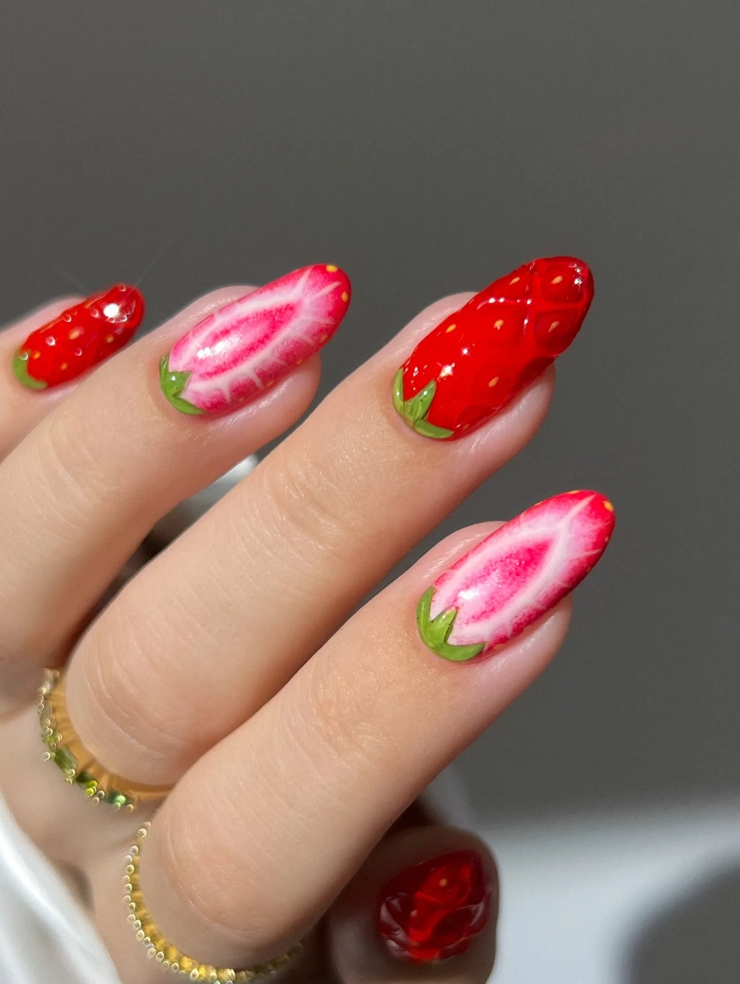 Handmade Red Pink Strawberry Fruit Cute Kawaii Summer Press on Nails T18