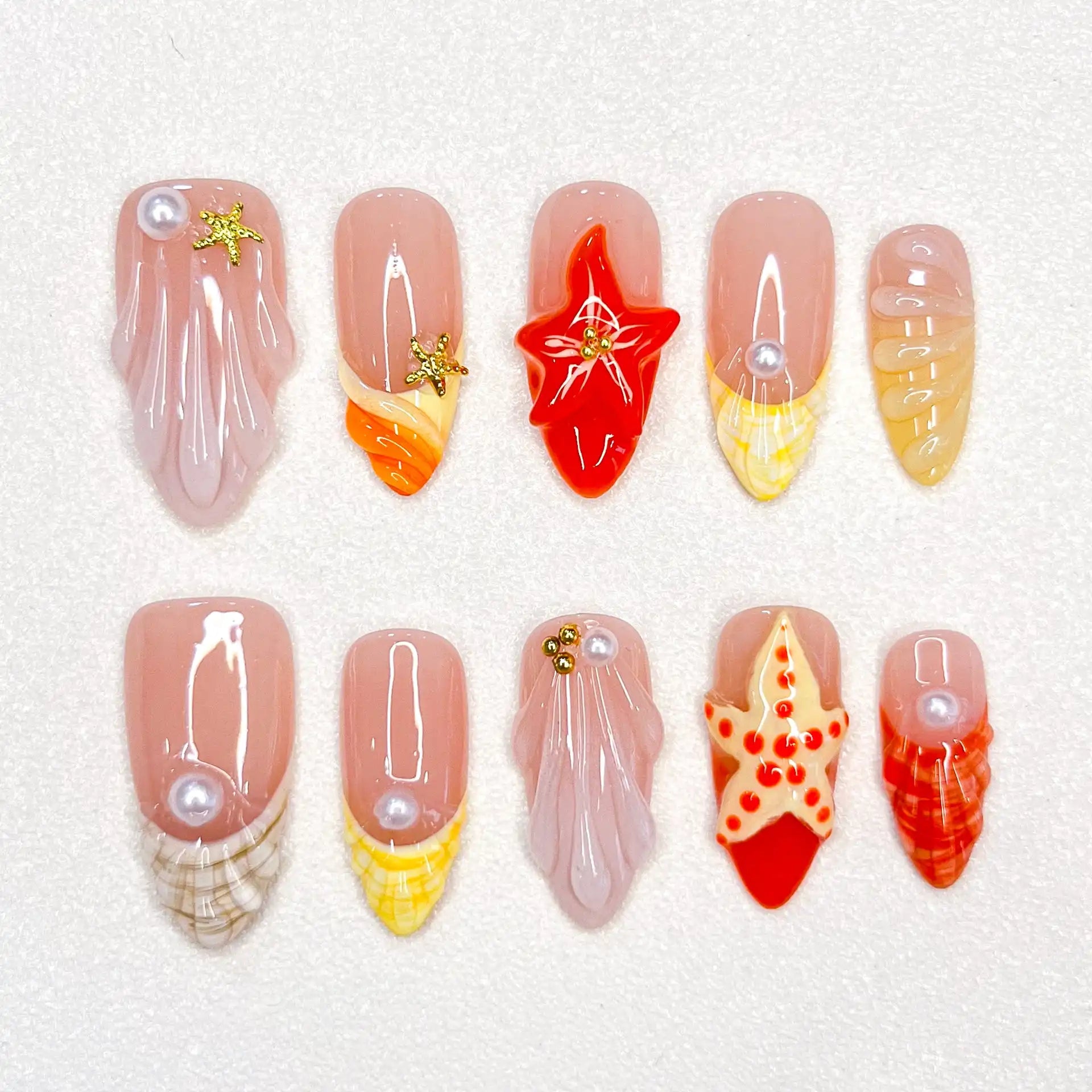 Handmade Red Starfish Seashell Pearl Beach Summer Press on Nails E21