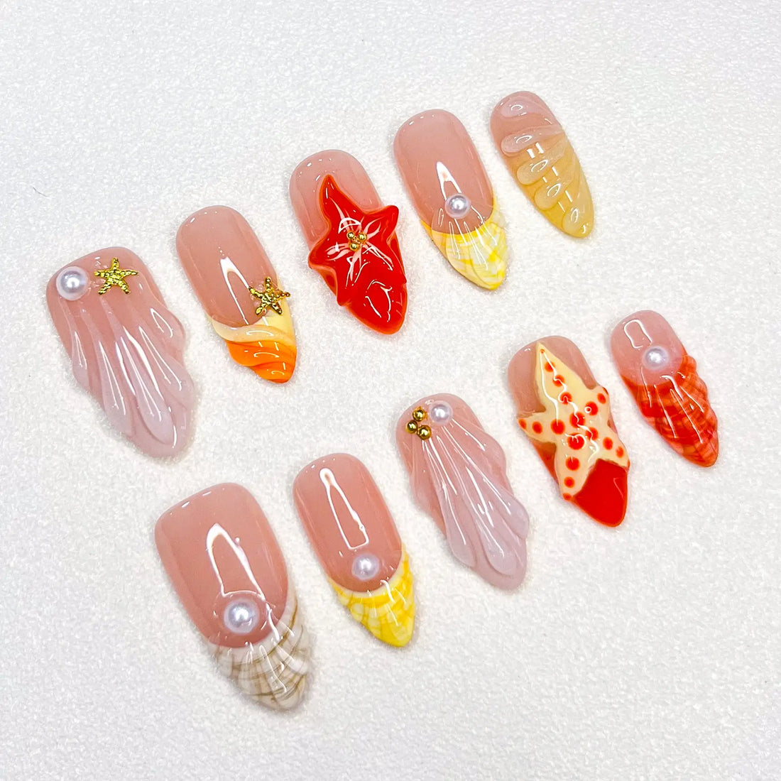 Handmade Red Starfish Seashell Pearl Beach Summer Press on Nails E21