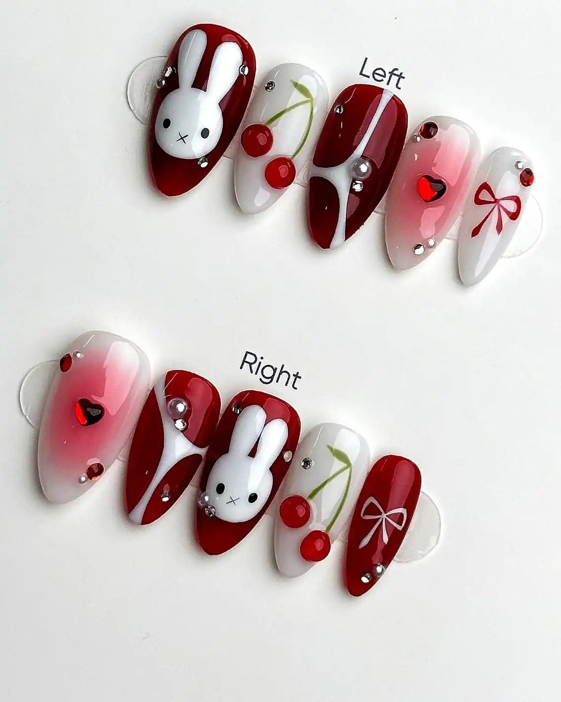 Handmade Red White Bunny Cherry Bow Heart Valentine Sweet Press on Nails Y29