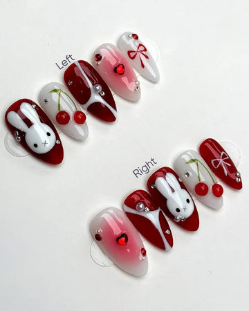 Handmade Red White Bunny Cherry Bow Heart Valentine Sweet Press on Nails Y29