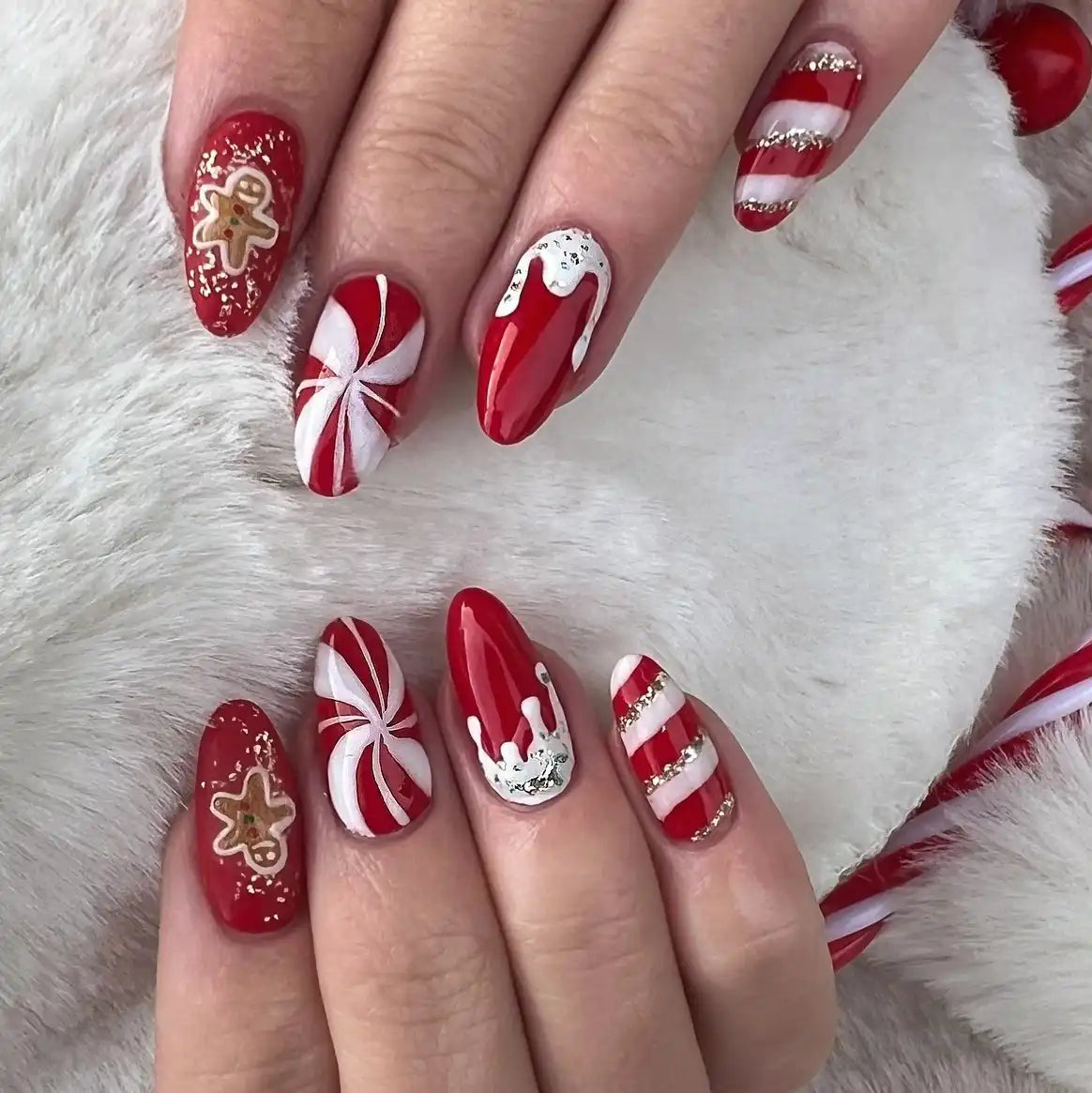 Handmade Red White Candy Cane Gingerbread Christmas Holiday Press on Nails S95
