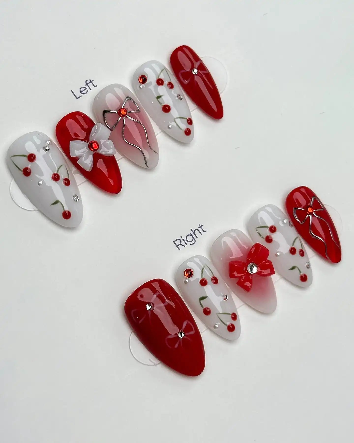 Handmade Red White Cherry Fruit Bow Ribbon Sweet Valentine Fake Nails O70
