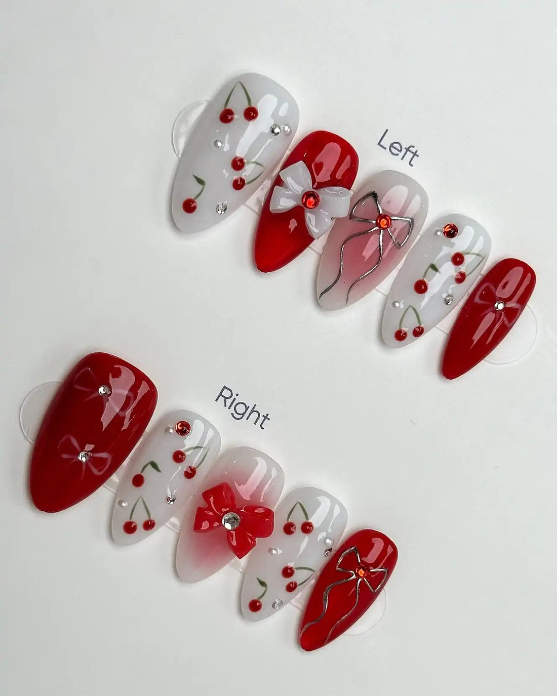 Handmade Red White Cherry Fruit Bow Ribbon Sweet Valentine Fake Nails O70