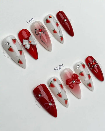 Handmade Red White Strawberry Fruit Bow Jewels Sweet Press on Nails G62