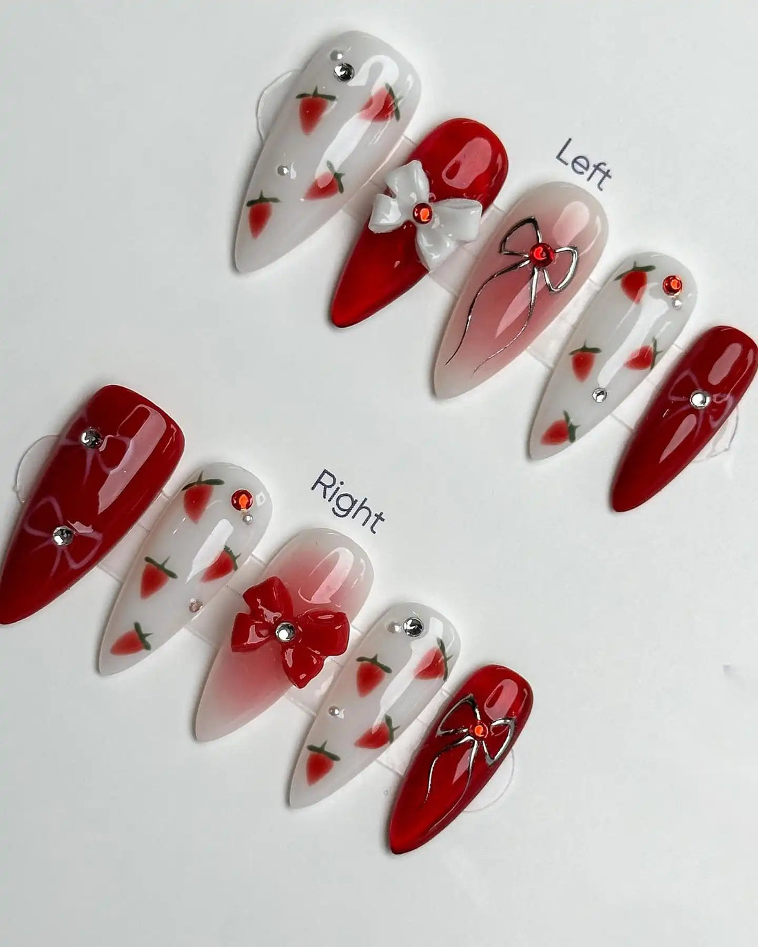 Handmade Red White Strawberry Fruit Bow Jewels Sweet Press on Nails G62