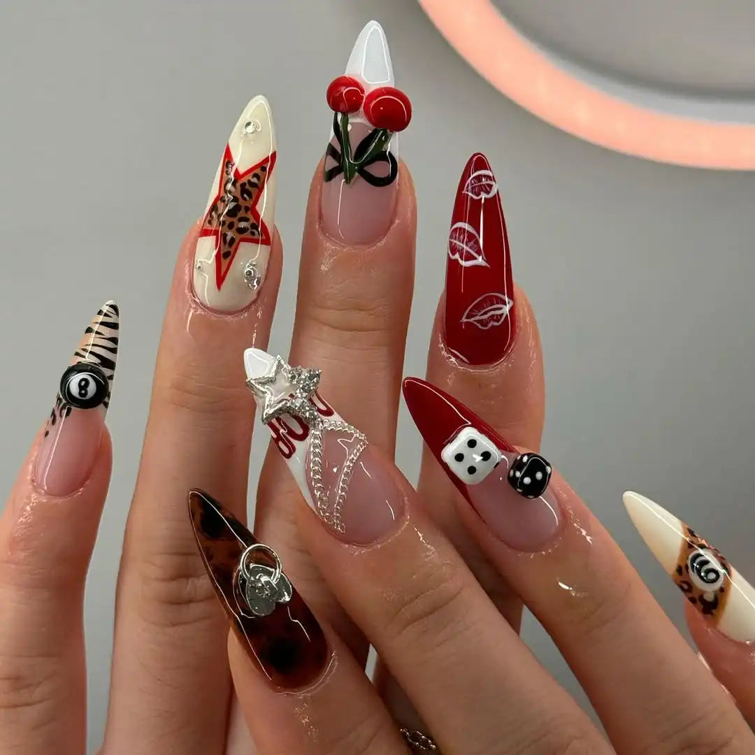 Handmade Red and Brown 3D Cherry and Dice Press on Nails W45