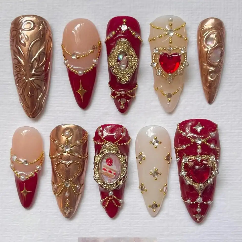 Handmade Regal Red Gold Pearl Baroque Wedding Press on Nails S23