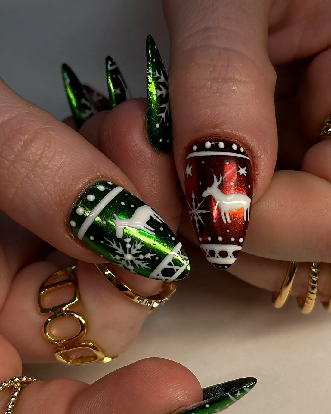 Handmade Reindeer Snowflake Red Green Christmas Press on Nails W82