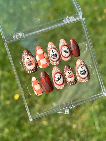 Handmade Retro Boho Warm Terracotta Argyle Plaid Bat Pumpkin Cameo Press on Nails QB9