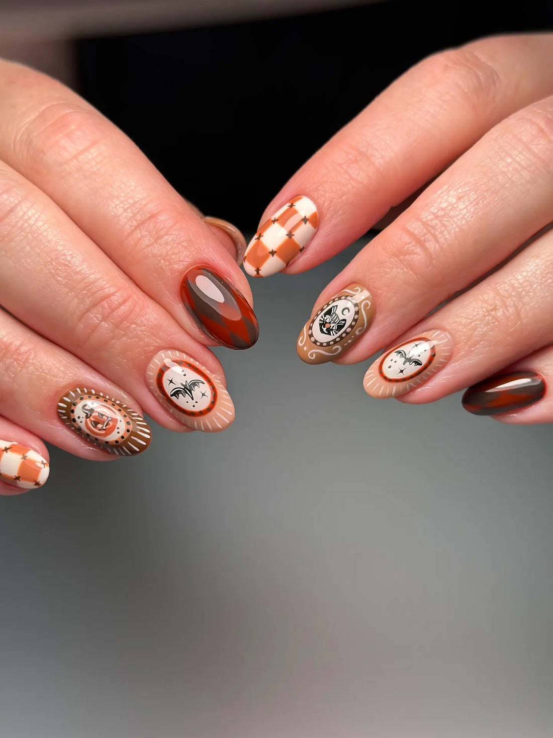 Handmade Retro Boho Warm Terracotta Argyle Plaid Bat Pumpkin Cameo Press on Nails QB9