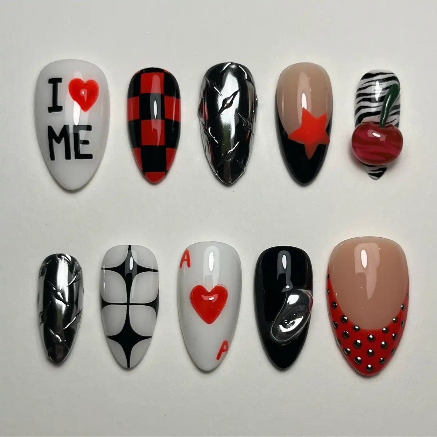 Handmade Cherry Card Chrome Accent Funky Press on Nails P95