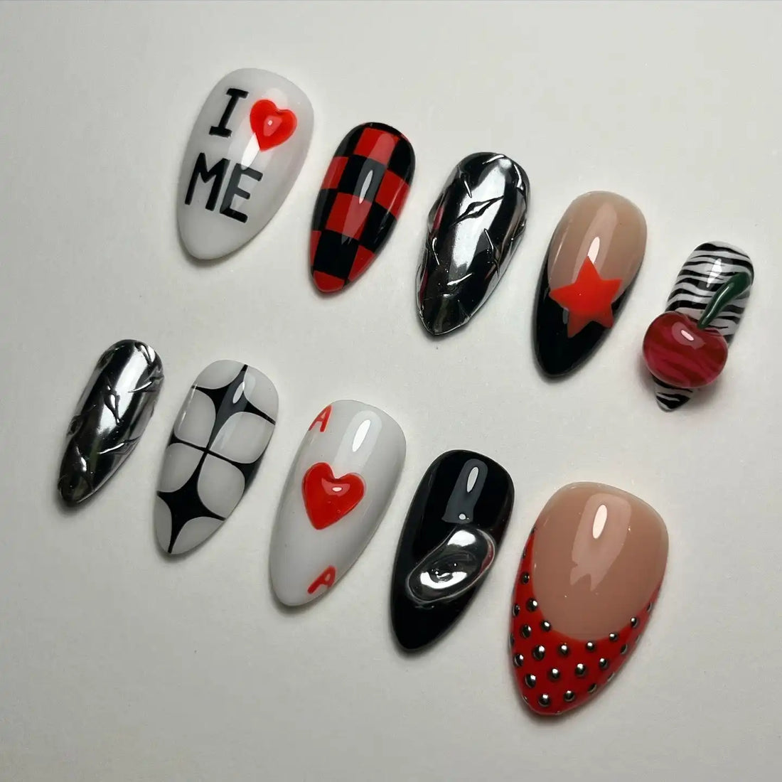 Handmade Cherry Card Chrome Accent Funky Press on Nails P95