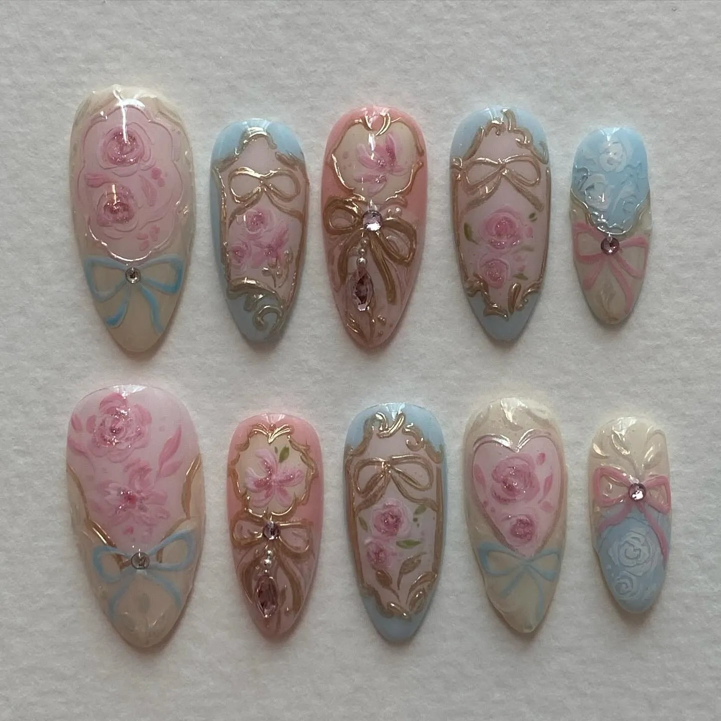 Handmade Rococo Pink Rose Border Gold Frame Press on Nails X60