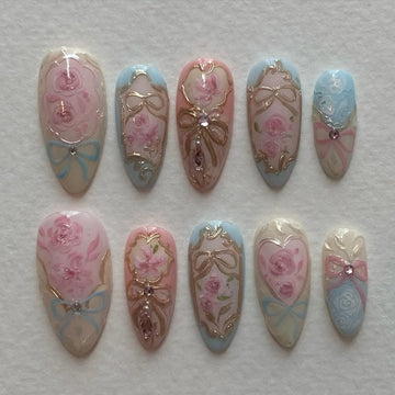 Handmade Rococo Pink Rose Border Gold Frame Press on Nails X60