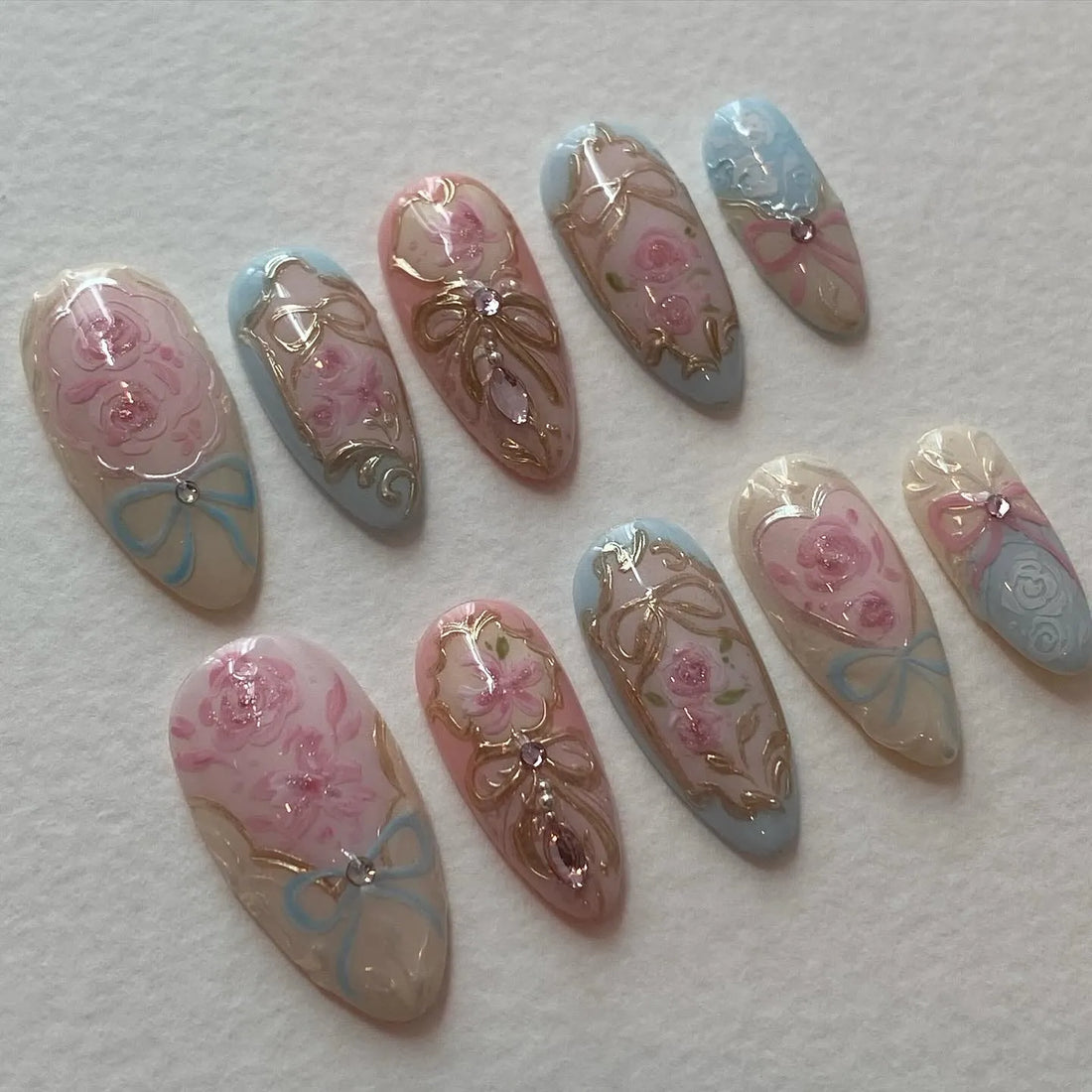Handmade Rococo Pink Rose Border Gold Frame Press on Nails X60