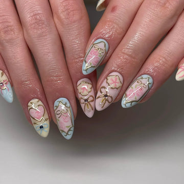 Handmade Romantic Baby Pink Blue Gold Frame Rococo Style Press on Nails O83