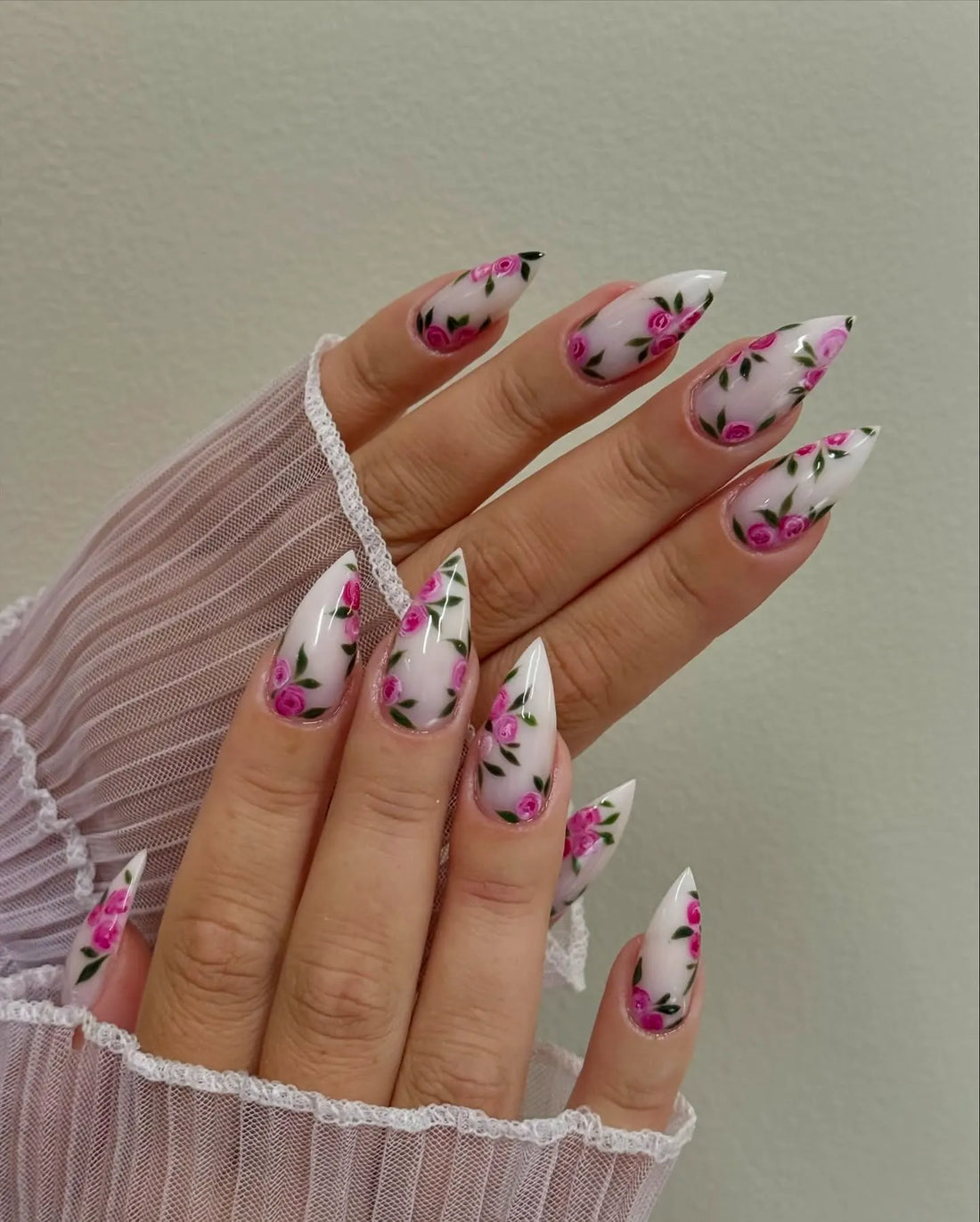 Handmade Romantic Hot Pink Rose Flower Vine Garden Press on Nails V63