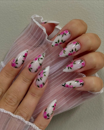 Handmade Romantic Hot Pink Rose Flower Vine Garden Press on Nails V63