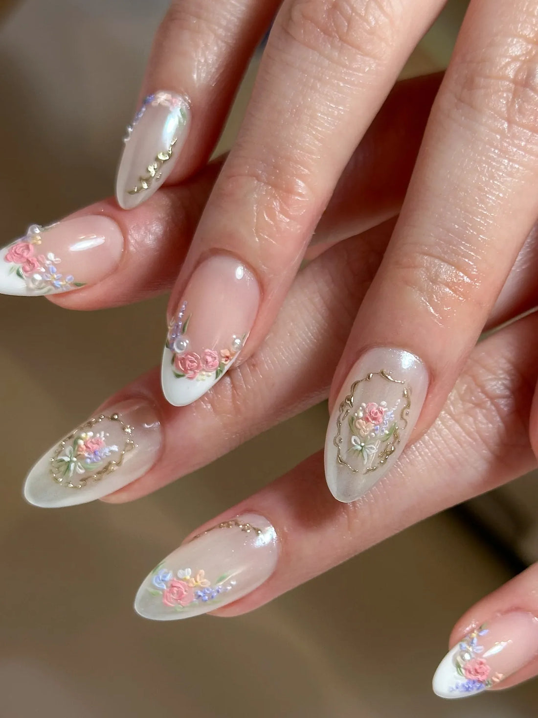 Handmade Romantic Pastel Floral Gold Frame White French Wedding Nails B64