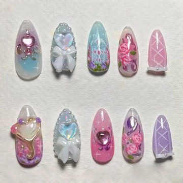 Handmade Romantic Pastel Rose Heart Bow Charm False Nails C93