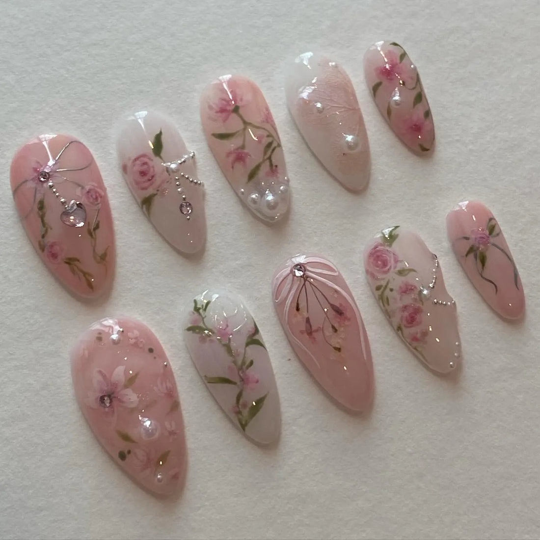 Handmade Romantic Pink Rose Floral Bow Pearl Rhinestone Fake Nails A66