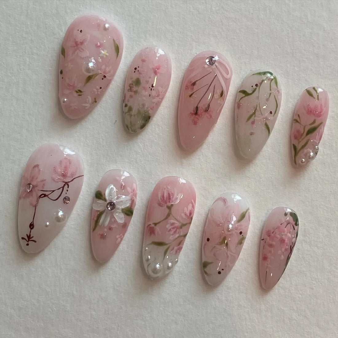 Handmade Romantic Soft Pink Floral Cherry Blossom Pearl Rhinestone Gel Nails R44