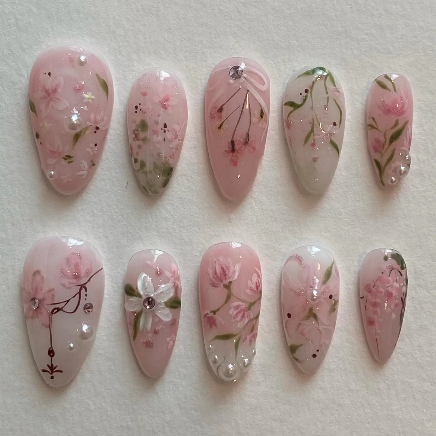 Handmade Romantic Soft Pink Floral Cherry Blossom Pearl Rhinestone Gel Nails R44